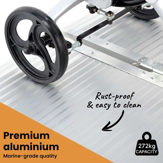 182cm portable folding aluminium access ramp with non-slip surface and 272kg load rating