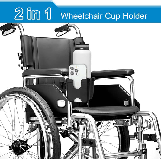 2-in-1 walker cup holder with phone holder attached to a walker handle