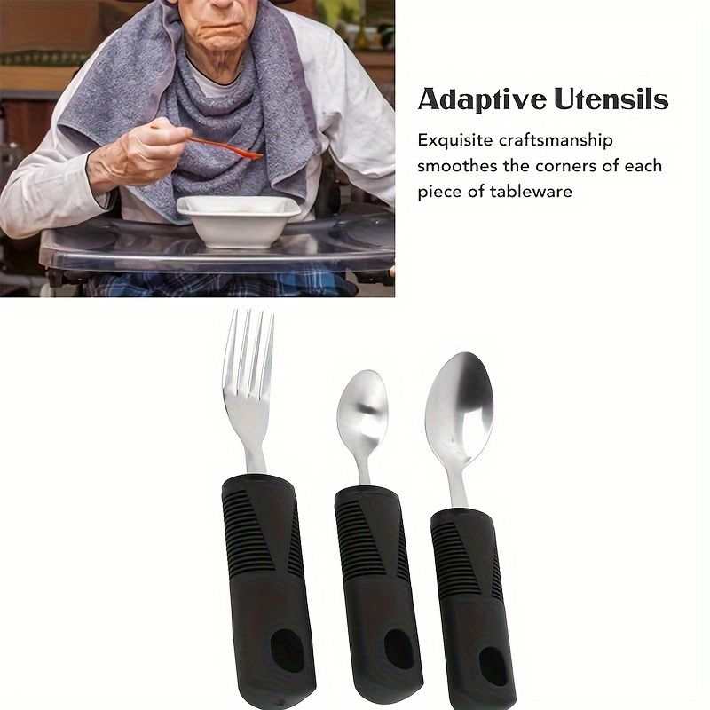 3pcs stainless steel adaptive tableware set with rubber grip handles for rehabilitation and anti-shake use