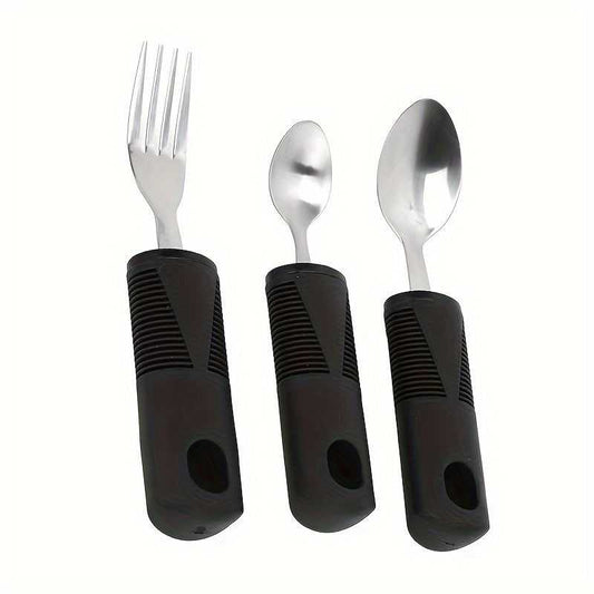 3pcs stainless steel adaptive tableware set with rubber grip handles for disabled users