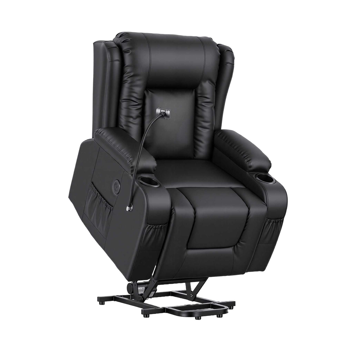 Black Artiss power lift recliner chair with massage, heat, USB port, cup holders, and pockets for elderly comfort in living room