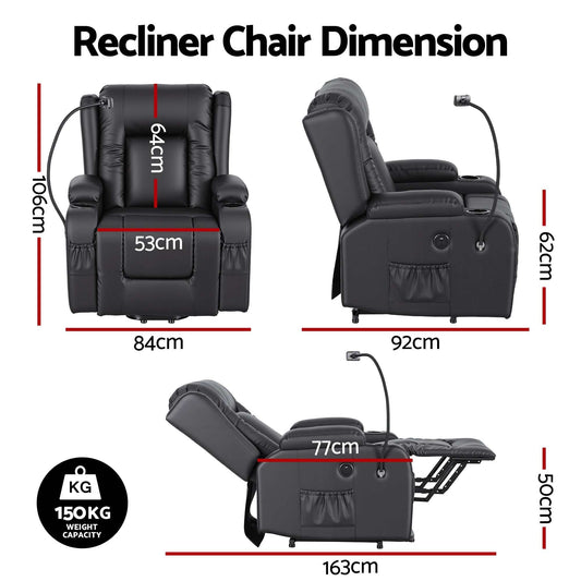 Black Artiss power lift recliner chair with massage, heat, USB port, cup holders, and pockets for elderly comfort