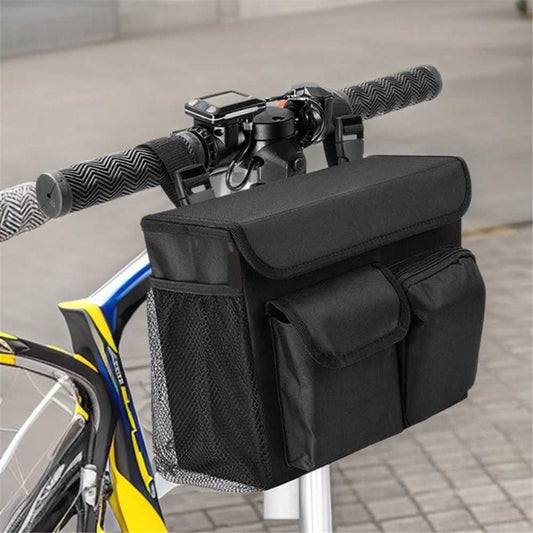 Electric scooter basket with laptop pocket, spacious compartments, cup holders, and adjustable strap for easy installation