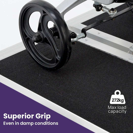 Equipmed 123cm portable folding aluminium access ramp with black non-slip surface and 272kg load capacity