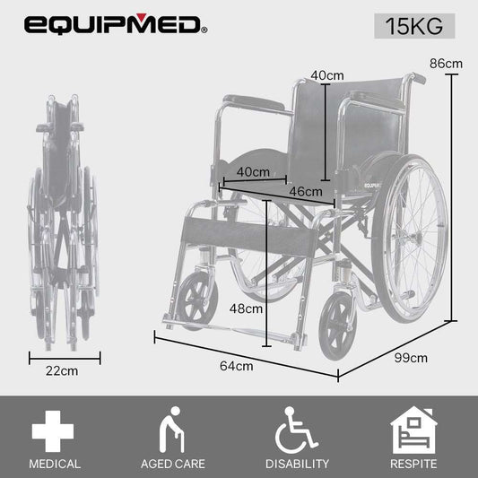 Equipmed folding self propelled wheelchair with 24-inch rear wheels, chrome steel frame, padded armrests, adjustable footrests, and park brakes