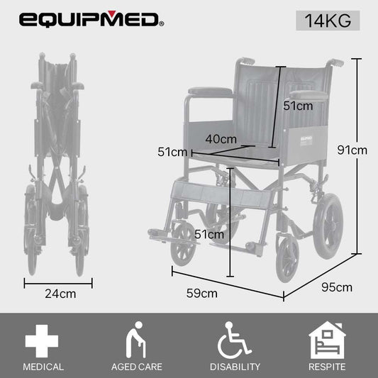 Folding transit manual wheelchair with steel frame, wide seat, padded armrests, park brakes, and puncture-proof tires