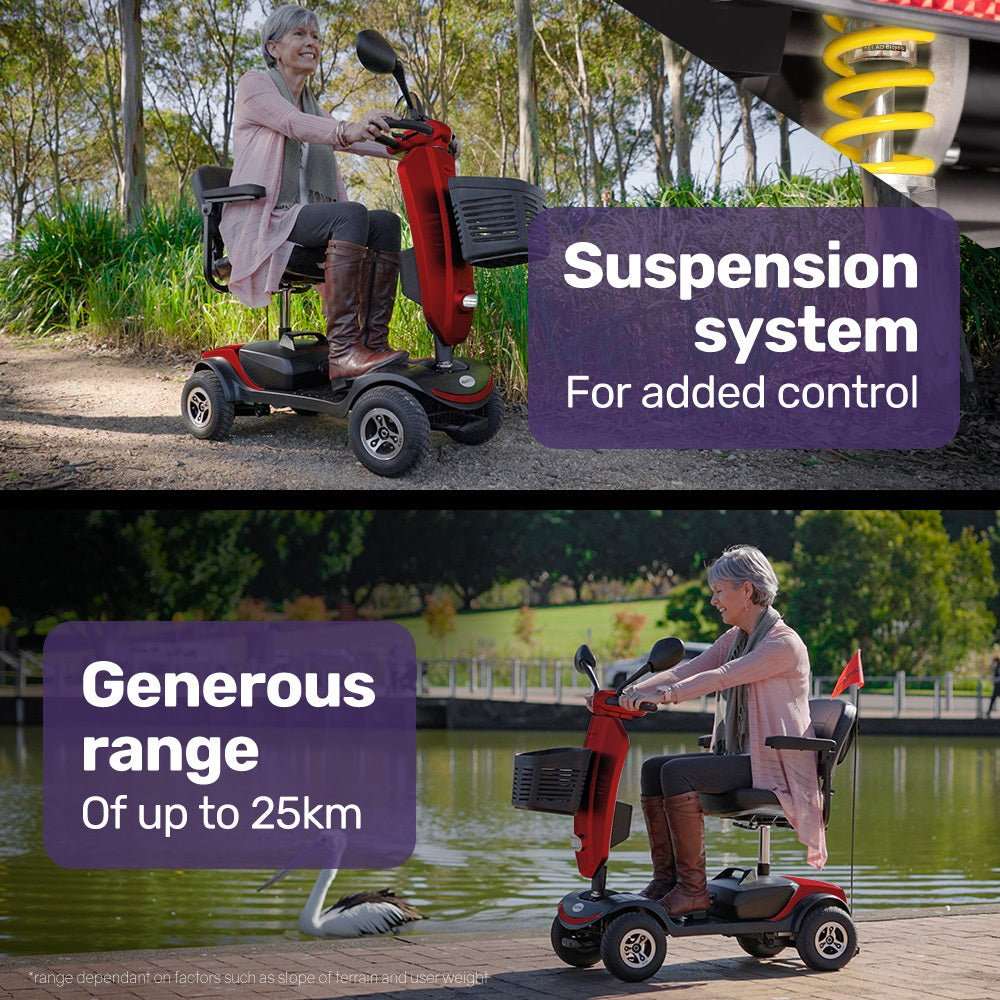 Equipmed Pathline Series electric mobility scooter for elderly with swivel seat and adjustable armrests