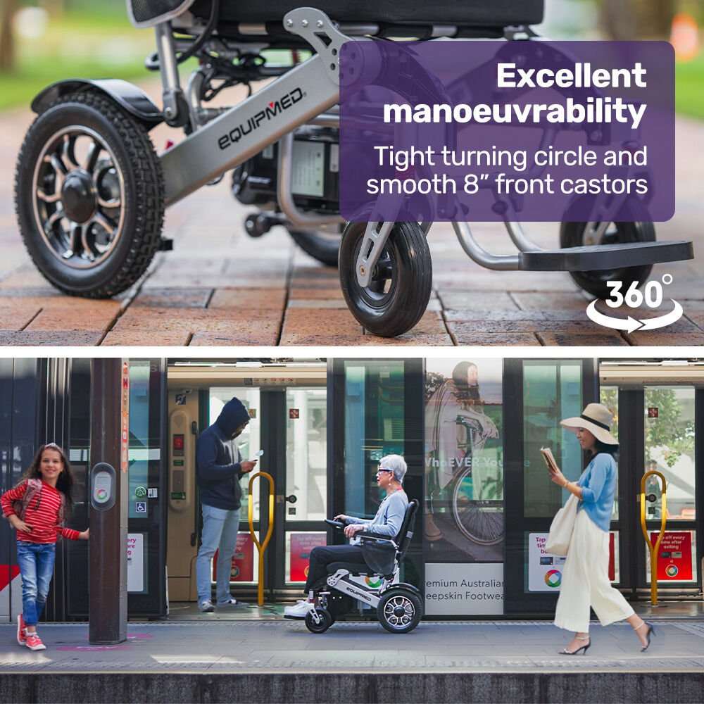 Equipmed Power Electric Wheelchair in black and silver with folding design, long-range lithium battery, joystick control, and large air-filled rear wheels