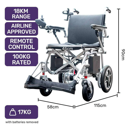 Equipmed Power Electric Wheelchair in silver with lightweight aluminium frame and dual lithium batteries