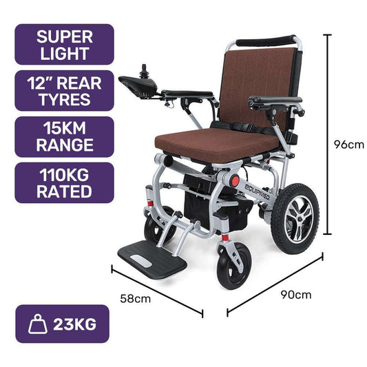 Equipmed Ultra-Light Power Wheelchair with aluminium frame, lithium battery, compact fold, and tight turning radius