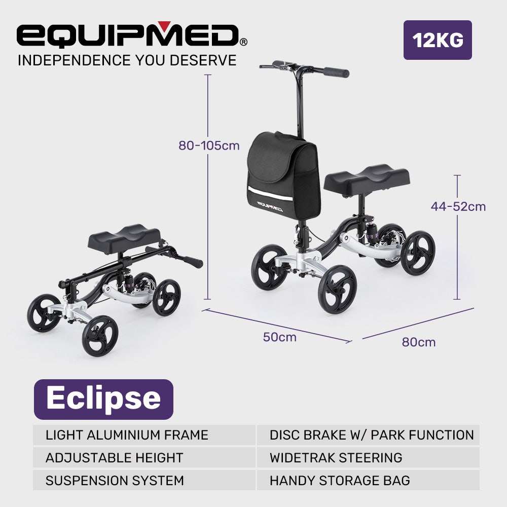 Equipmed Premium Rollator with knee scooter, adjustable handles, puncture-proof wheels, and foldable design for mobility and safety.