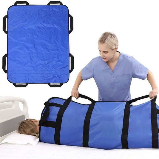 Multipurpose 48x40 inch blue positioning bed pad with reinforced handles for lifting and repositioning, reusable and washable nylon transfer sheet