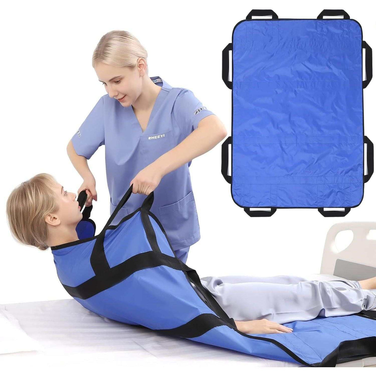 Multipurpose 48x40 inch blue positioning bed pad with reinforced handles for lifting and repositioning, double-sided waterproof nylon fabric, reusable and washable transfer sheet