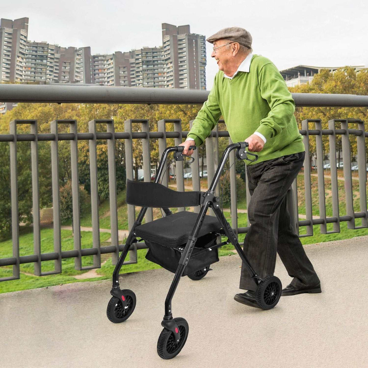 Orthonica Foldable Steel Rollator Walker with Adjustable Seat, 8 All-Terrain Wheels, Bag - 136kg Capacity - Oz Mobility Store