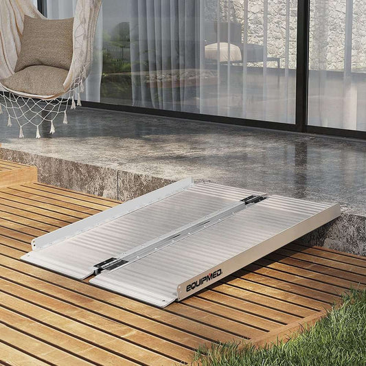 Portable folding aluminium access ramp with non-slip surface and side rails, 91cm long and 72cm wide, 272kg load rated