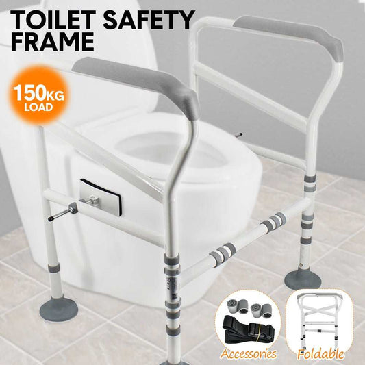 Adjustable white toilet frame support with grab handles for elderly and disabled users