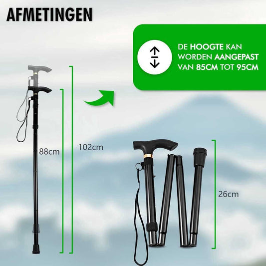Ergonomic folding walking stick with ultragrip handle, foldable lightweight aluminum frame, and rotatable non-slip base for all-terrain support and shock absorption.