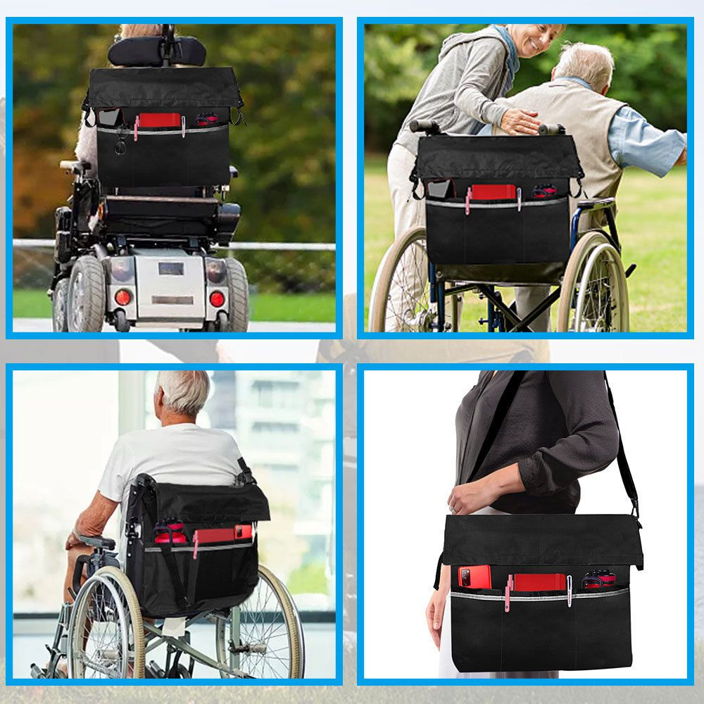 Lightweight waterproof wheelchair bag with reflective stripe, adjustable straps, and hands-free storage for essentials