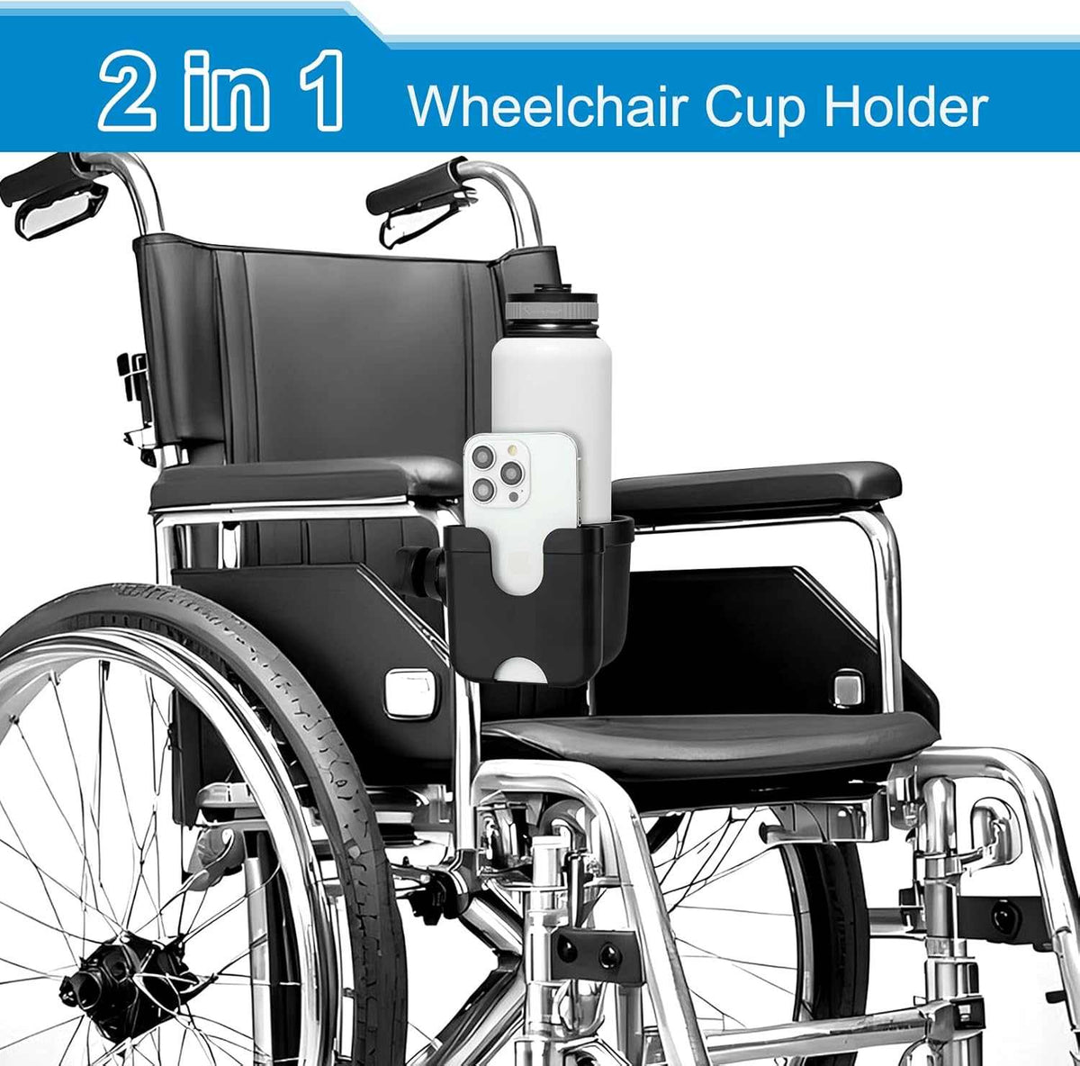 2-in-1 walker cup holder with phone holder attached to a walker handle