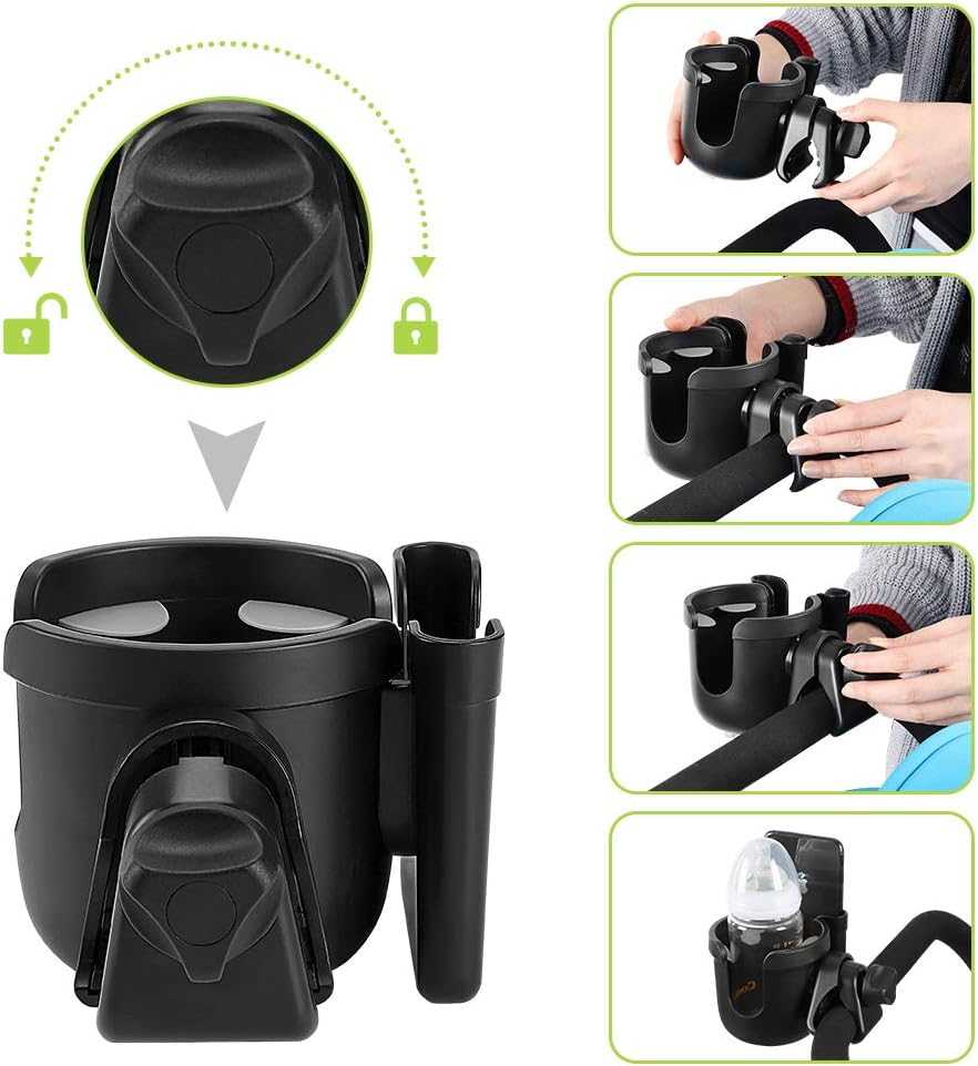 2-in-1 walker cup holder with phone holder clamp attached to a mobility aid bar holding a water bottle and smartphone