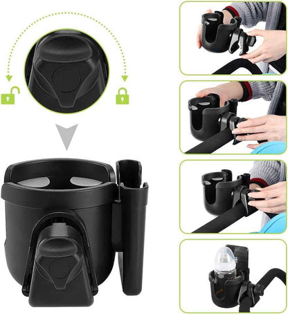 2-in-1 walker cup holder with phone holder clamp attached to a mobility aid bar holding a water bottle and smartphone