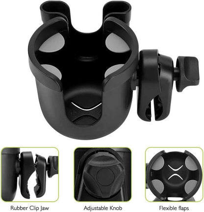 2-in-1 walker cup and phone holder clamp attached to a mobility aid handlebar