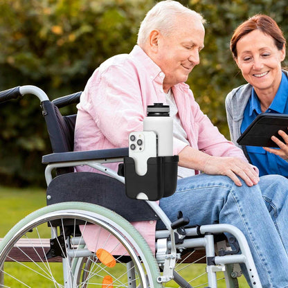 2-in-1 walker cup holder with phone holder mounted on a walker bar