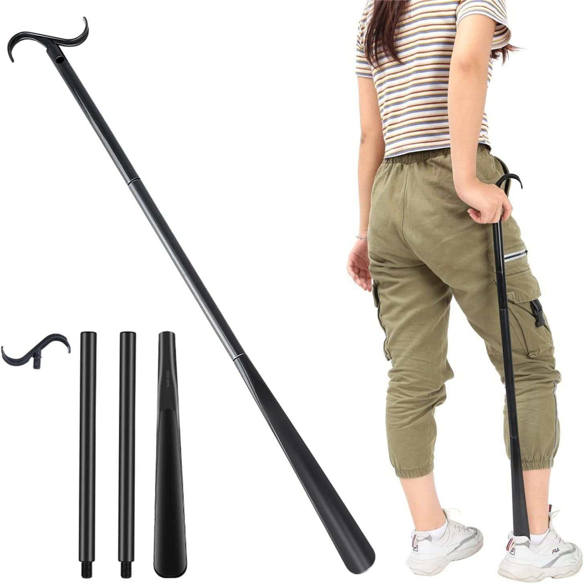 2-pack portable black dressing aid stick with detachable sections and long-handled shoe horn for seniors