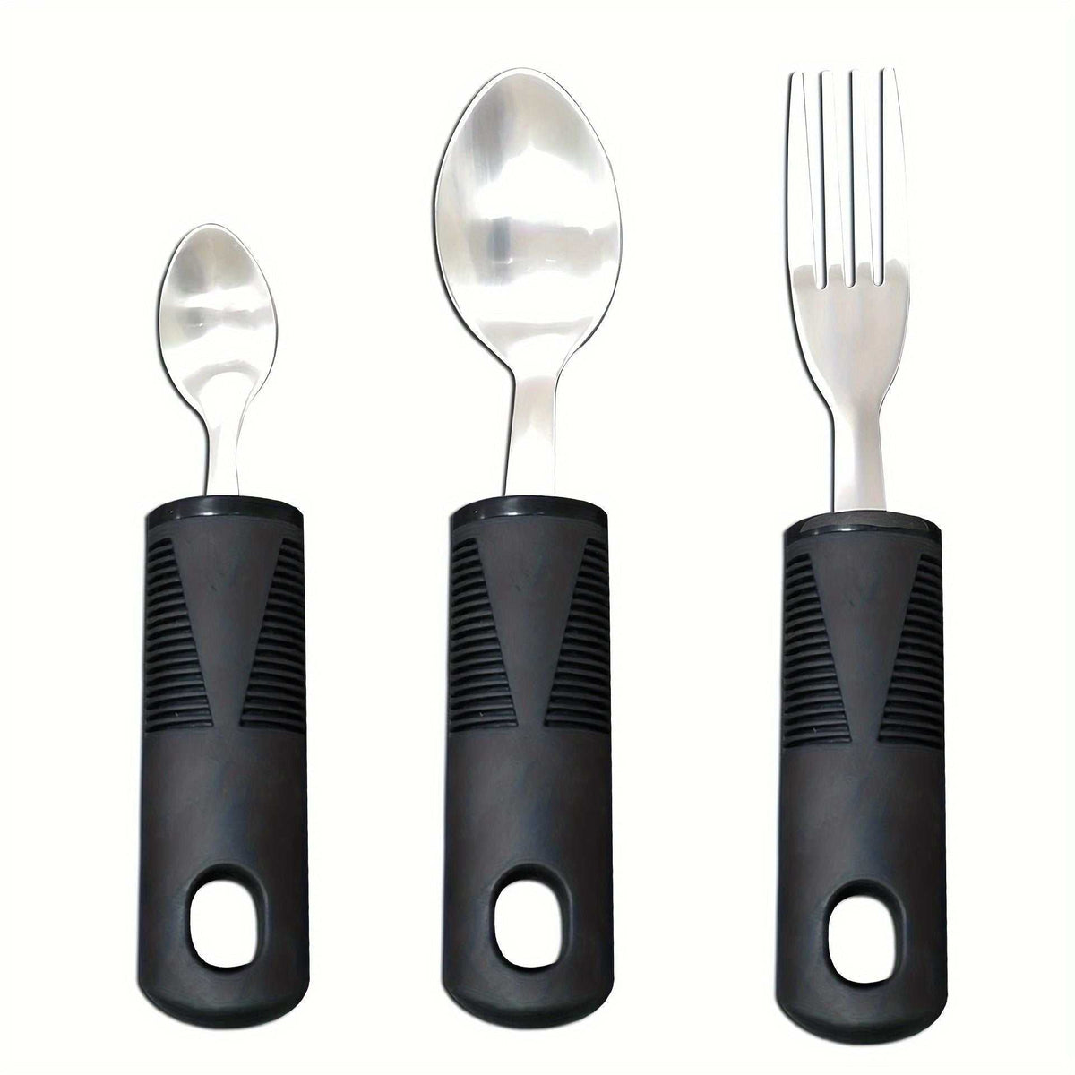 3pcs stainless steel adaptive tableware set with rubber grip handles for rehabilitation and anti-shake use