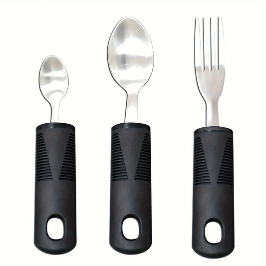 3pcs stainless steel adaptive tableware set with rubber grip handles for rehabilitation and anti-shake use