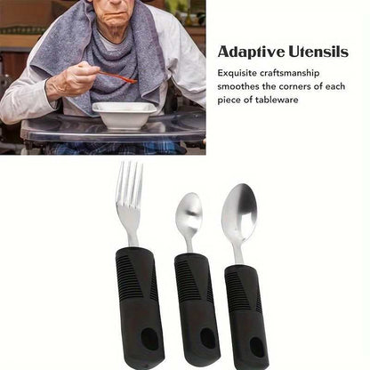 3pcs stainless steel adaptive tableware set with rubber grip handles for rehabilitation and anti-shake use