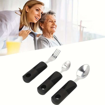 3pcs stainless steel adaptive tableware set with rubber grip handles for disabled users