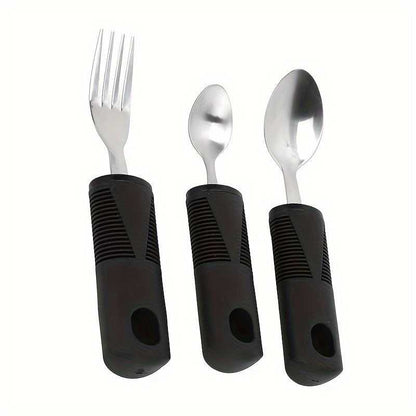 3pcs stainless steel adaptive tableware set with rubber grip handles for disabled users