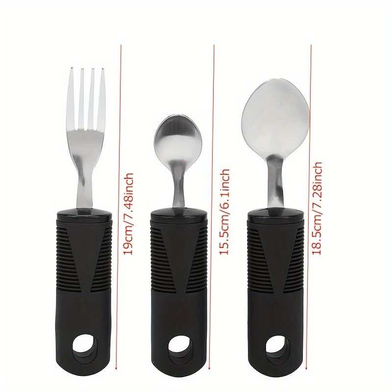 3pcs stainless steel adaptive tableware set with rubber grip handles for disabled users