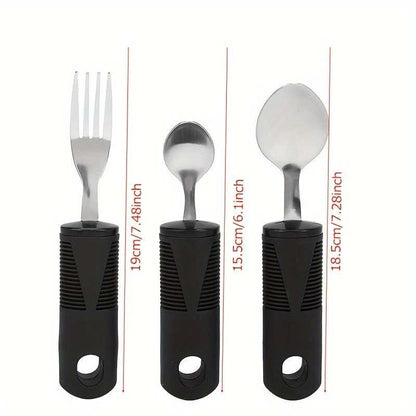 3pcs stainless steel adaptive tableware set with rubber grip handles for disabled users