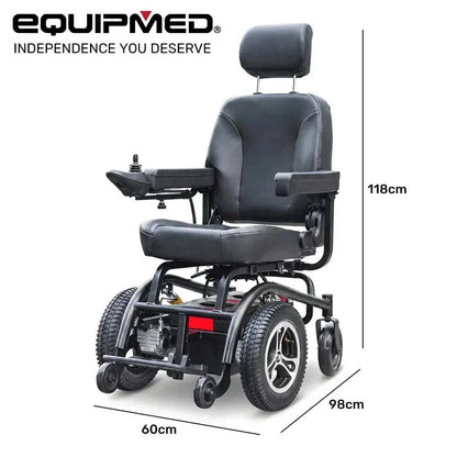 Equipmed PowerCruise Prestige front wheel drive electric wheelchair with 35km range and ultra-comfortable seat