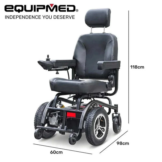 Equipmed PowerCruise Prestige front wheel drive electric wheelchair with 35km range and ultra-comfortable seat
