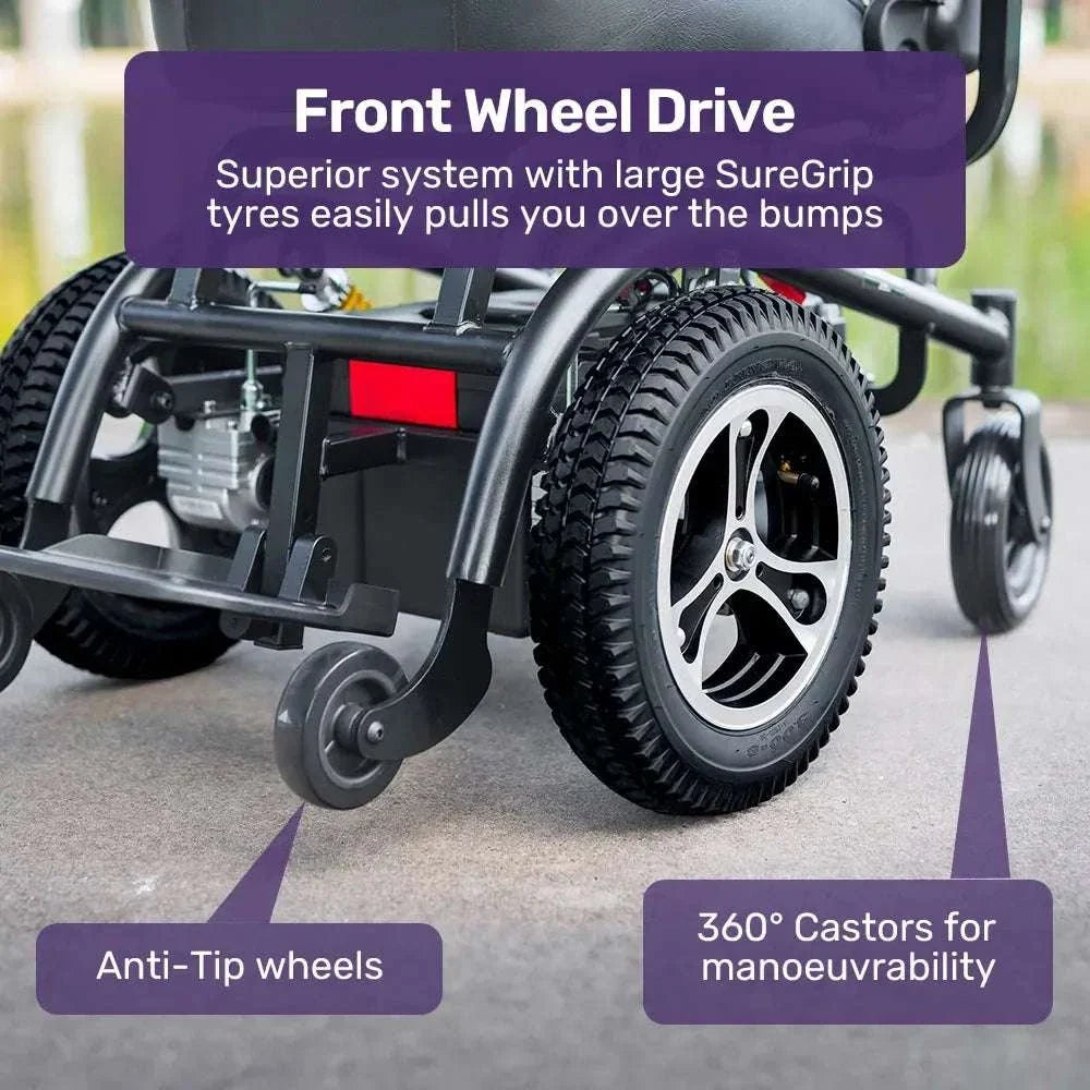 Equipmed PowerCruise Prestige front wheel drive electric wheelchair with 35km range and padded seat