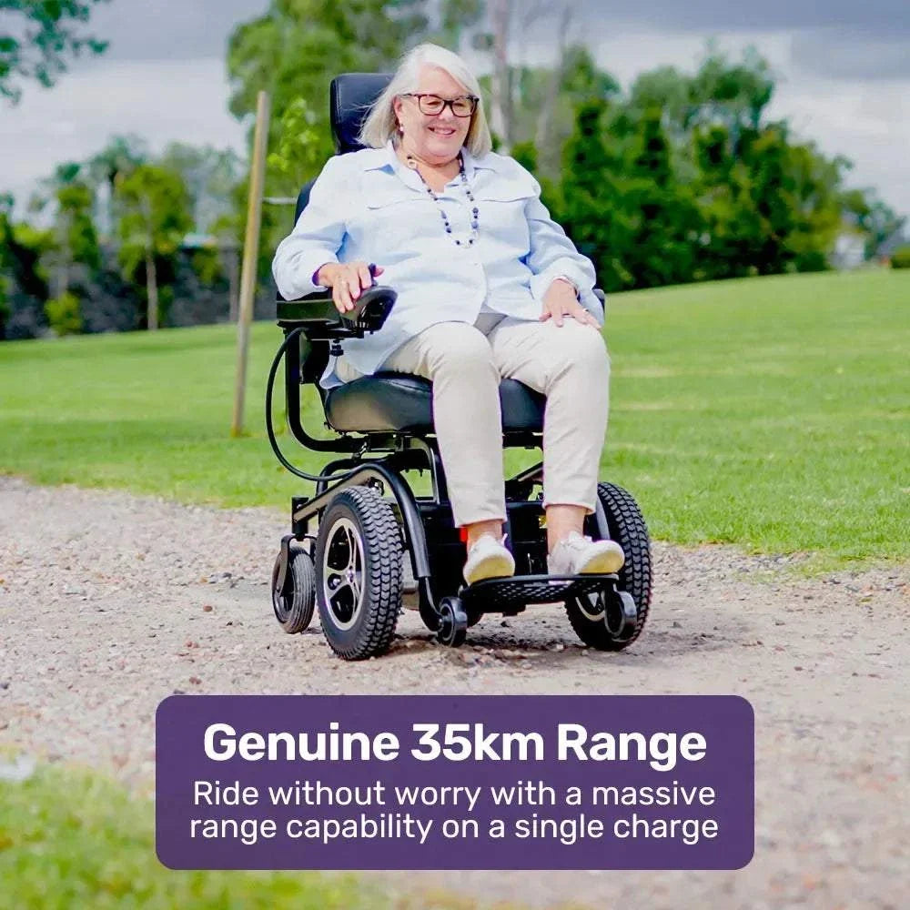 Equipmed PowerCruise Prestige front wheel drive electric wheelchair with 35km range and padded comfort seat