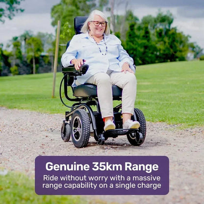 Equipmed PowerCruise Prestige front wheel drive electric wheelchair with 35km range and padded comfort seat
