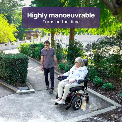 Equipmed PowerCruise Prestige front wheel drive electric wheelchair with 35km range and padded seat