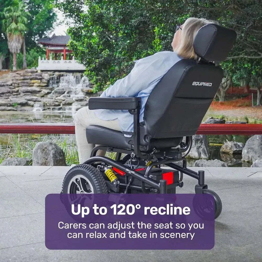 Equipmed PowerCruise Prestige front wheel drive electric wheelchair with 35km range and padded seat