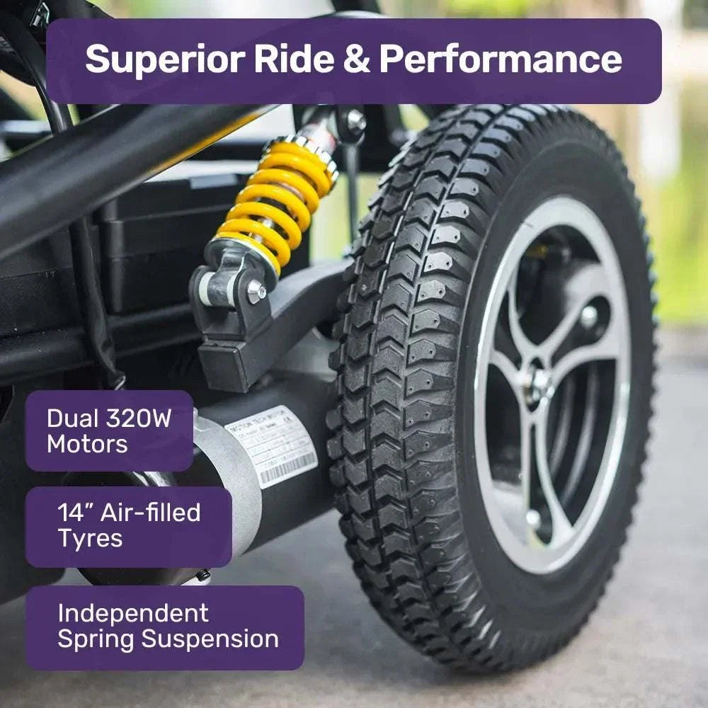 Equipmed PowerCruise Prestige front wheel drive electric wheelchair with long 35km range and comfortable padded seat
