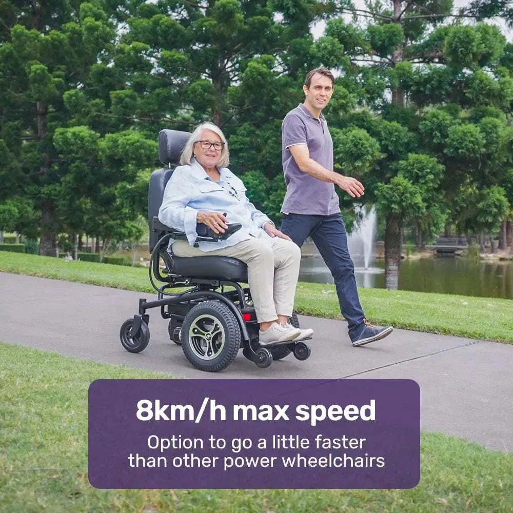 Equipmed PowerCruise Prestige front wheel drive electric wheelchair with 35km range and ultra-comfortable padded seat