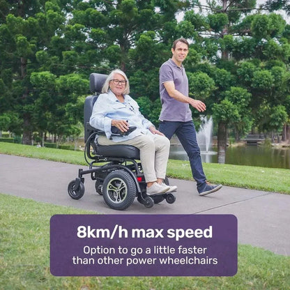 Equipmed PowerCruise Prestige front wheel drive electric wheelchair with 35km range and ultra-comfortable padded seat