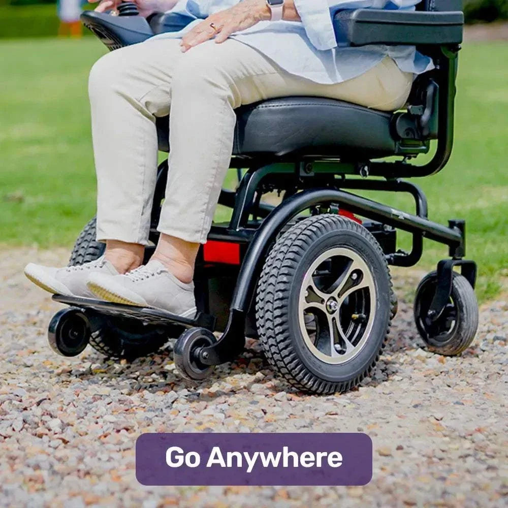 EQUIPMED PowerCruise Prestige front-wheel drive electric wheelchair with 35km range and comfortable padded seat