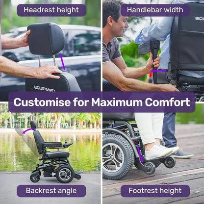 Equipmed PowerCruise Prestige front wheel drive electric wheelchair with 35km range and padded seat