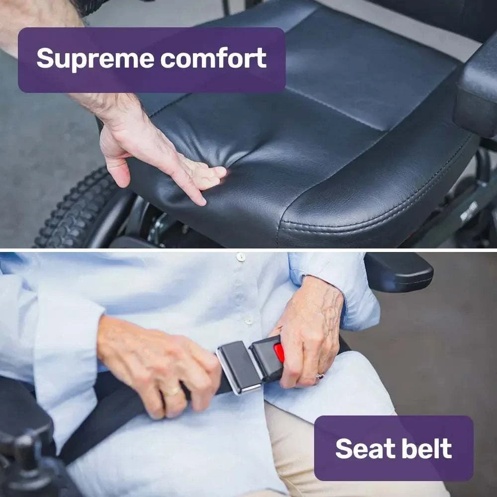 Equipmed PowerCruise Prestige front wheel drive electric wheelchair with 35km range and comfortable padded seat