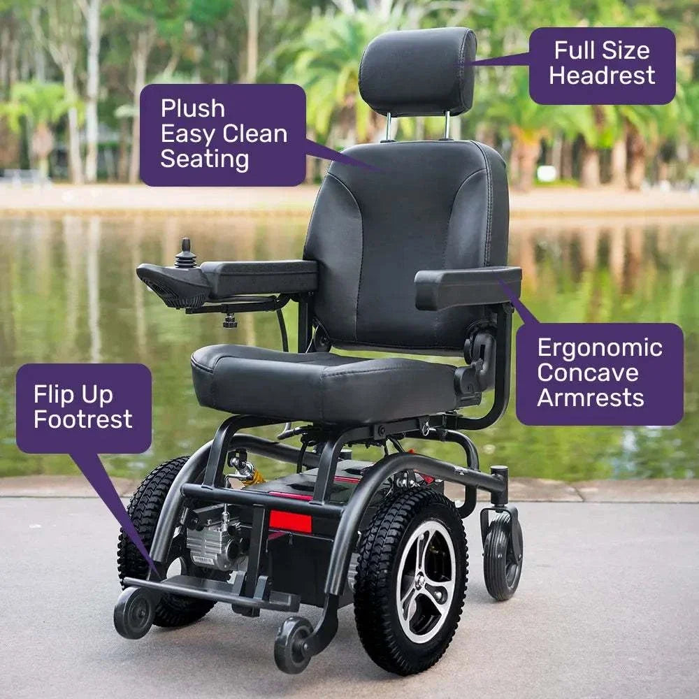 Equipmed PowerCruise Prestige front-wheel drive electric wheelchair with 35km range and comfortable padded seat