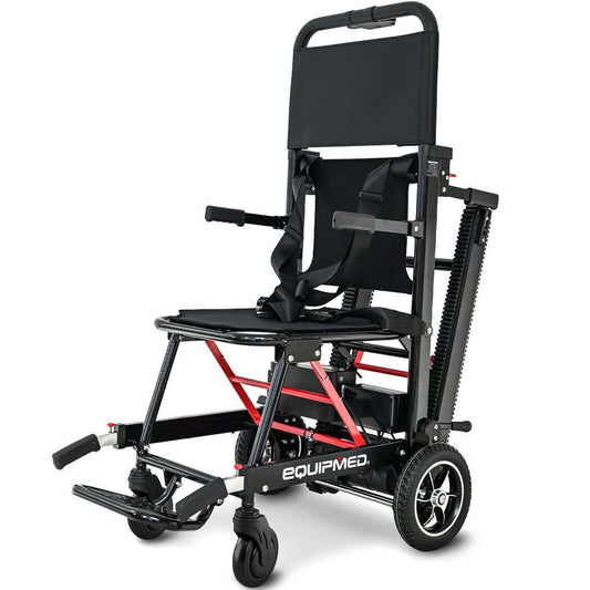 Equipmed electric stair climbing wheelchair with foldable aluminium frame and safety harness